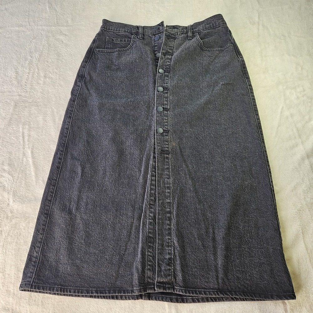 Universal Thread Black Denim Midi Skirt Button Front Women's Size 8
